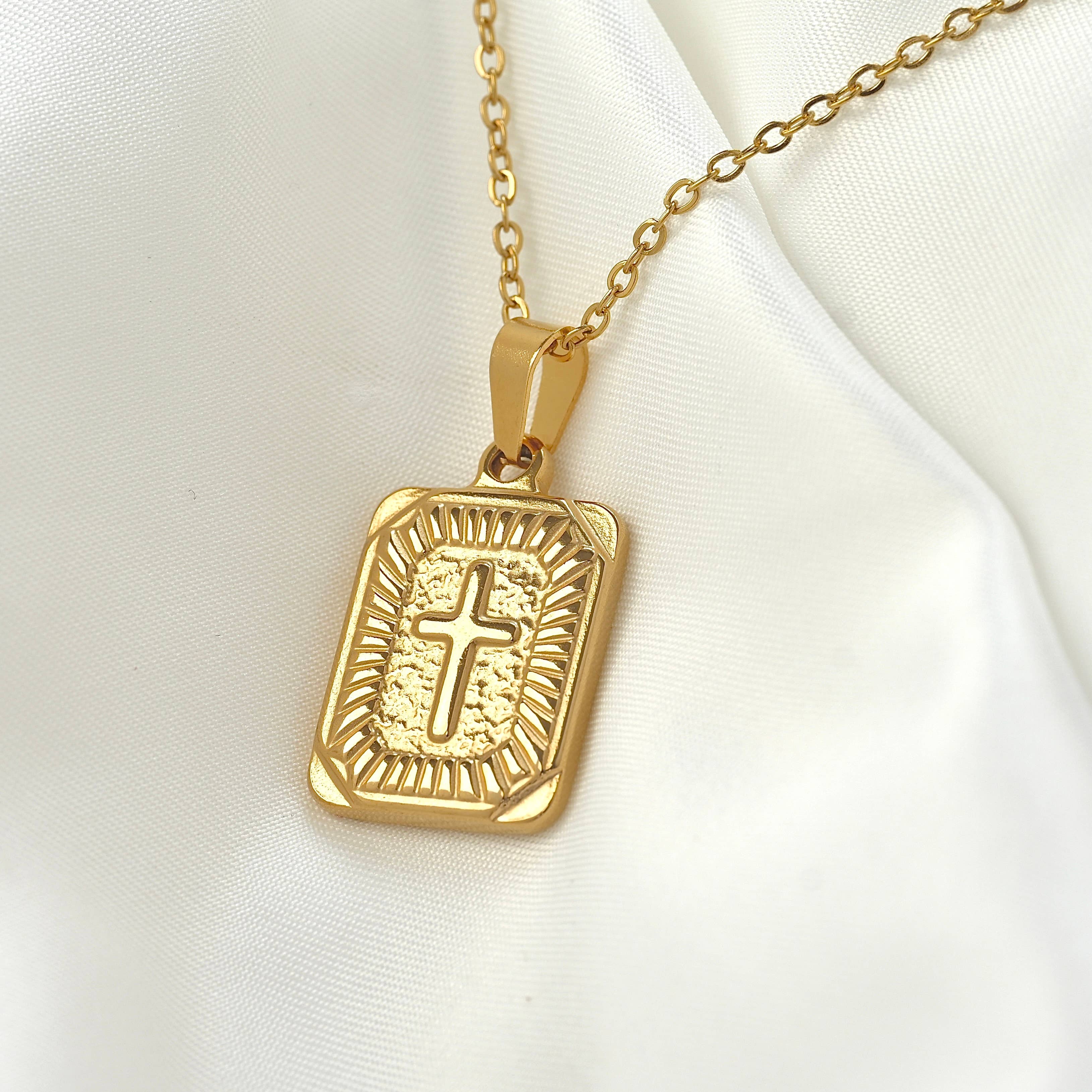 Blueyejewelry - Wholesale Pendant/Charm Necklace - Rectangle Cross Necklace- Tarnish-free Texture Cross Pendant2