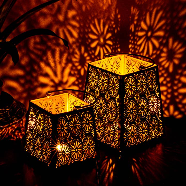 Vintage Bronze Floral Cut Design Candle Holder Lantern Duo for wholesale by Lexi Home