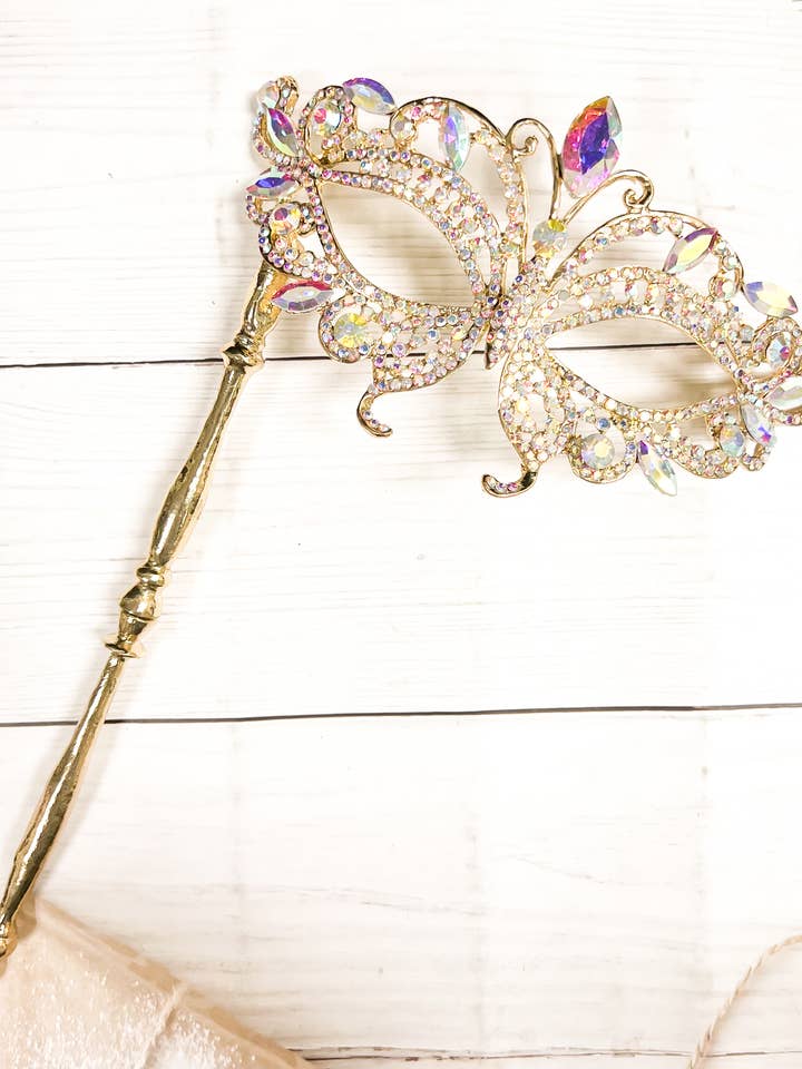 Happy Dream Gifts - Vendita all'ingrosso Costume di carnevale - Donna - Maschera AB Crystal Masquerade con bastone, maschera da sposa dorata 2