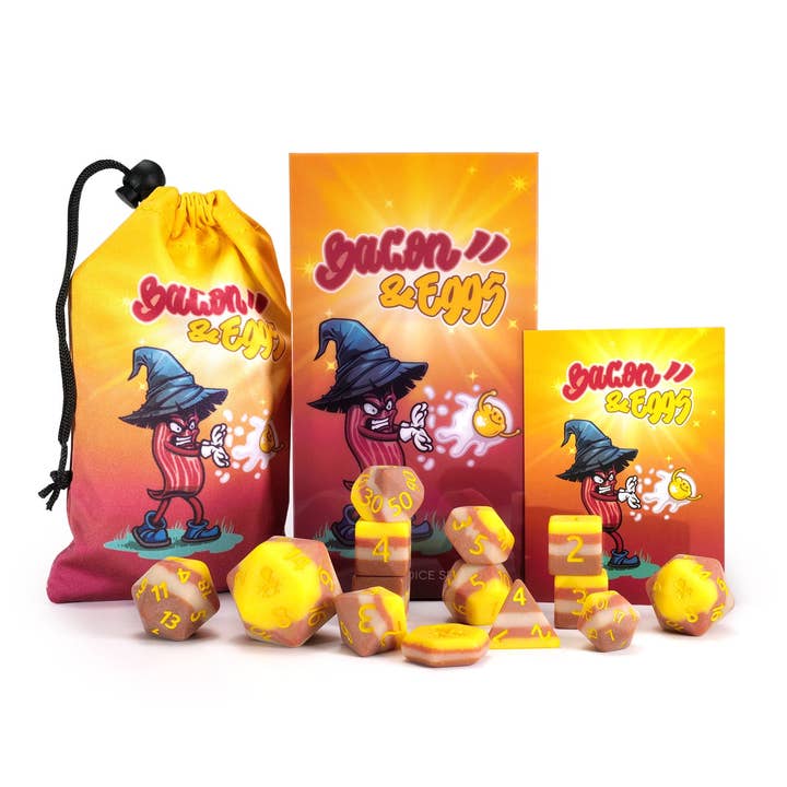 Bacon and Eggs 14pc Dice Bundle Inked in Yellow for wholesale by Kraken Dice