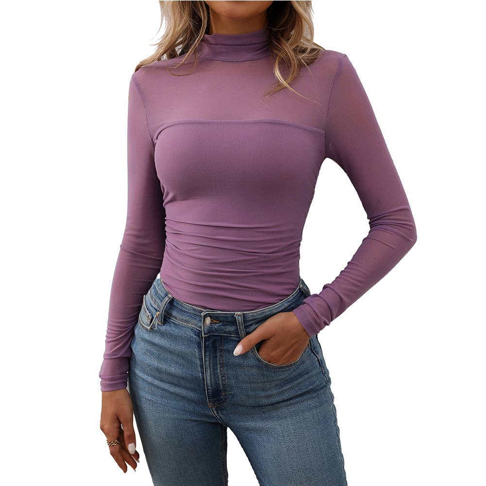 Lovesoft - Wholesale Knit Top - Women's - Women's Half High Neck Sheer Long Sleeve Sexy Y2K Mesh Top13