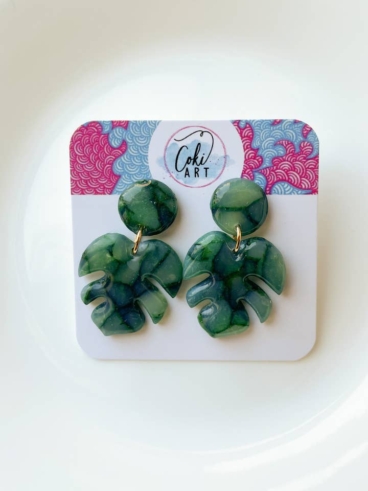 Monstera Leaf Jade Earrings |Handmade Polymer Clay Earrings for wholesale by Coki Art