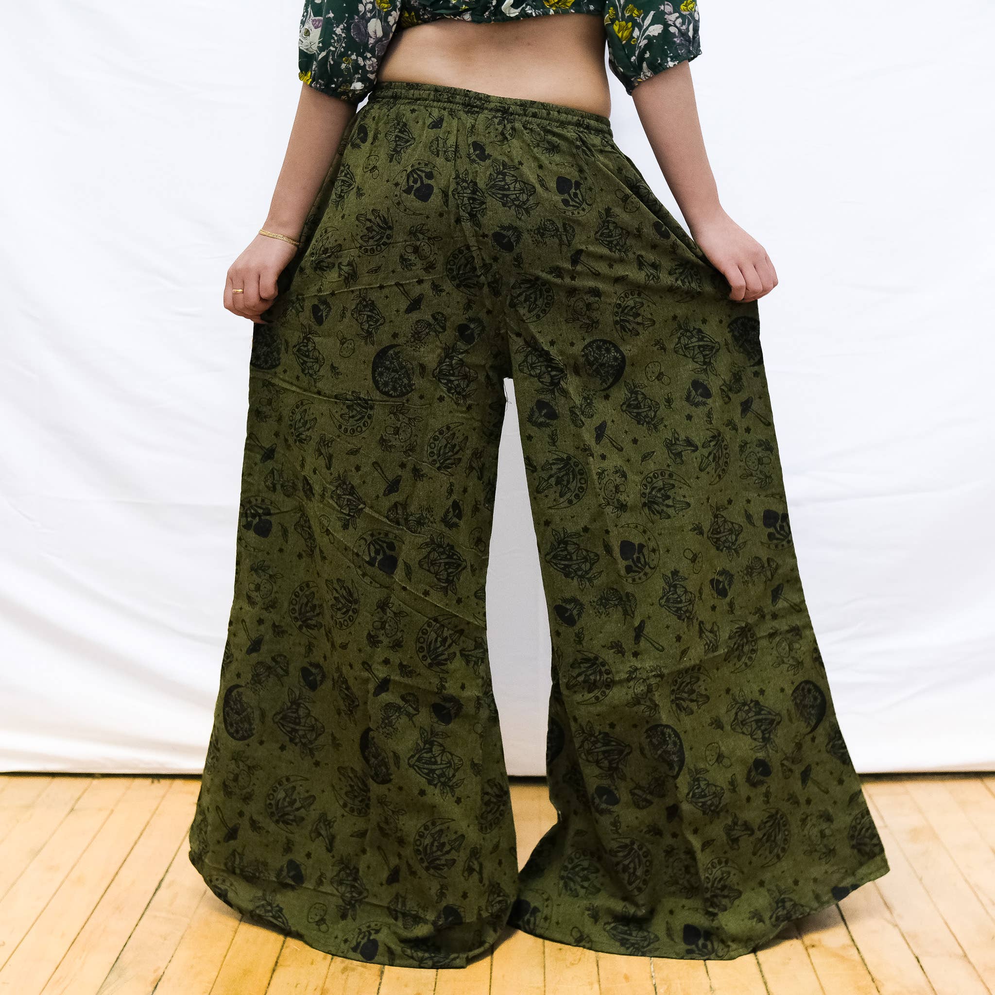 Karma Nepal Crafts - Wholesale Pants - Women's - Flowy Mushroom/Celestial Wide Leg Cotton Pants with Pockets6