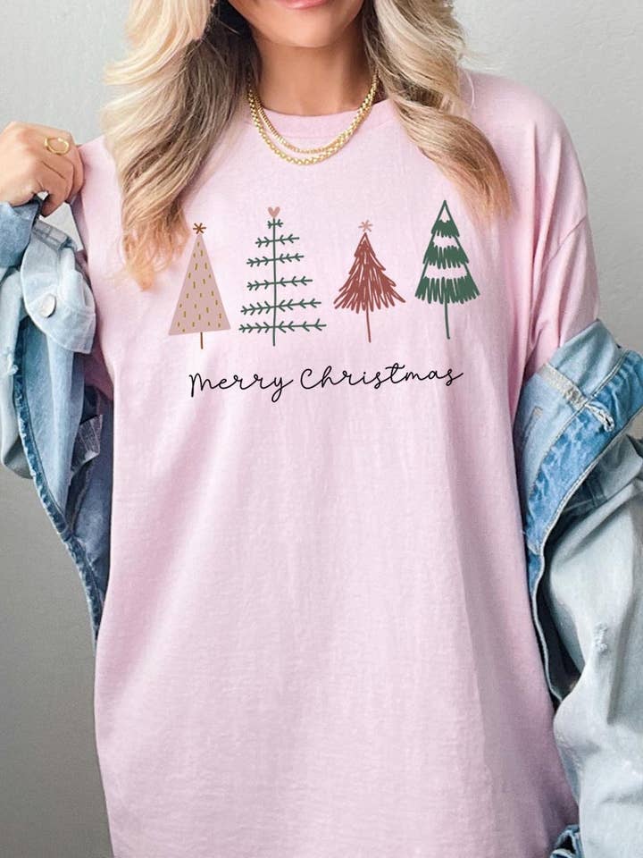 Schweres T-Shirt mit Aufdruck „Merry Christmas Trees“ für den Großhandel von COLORBEAR