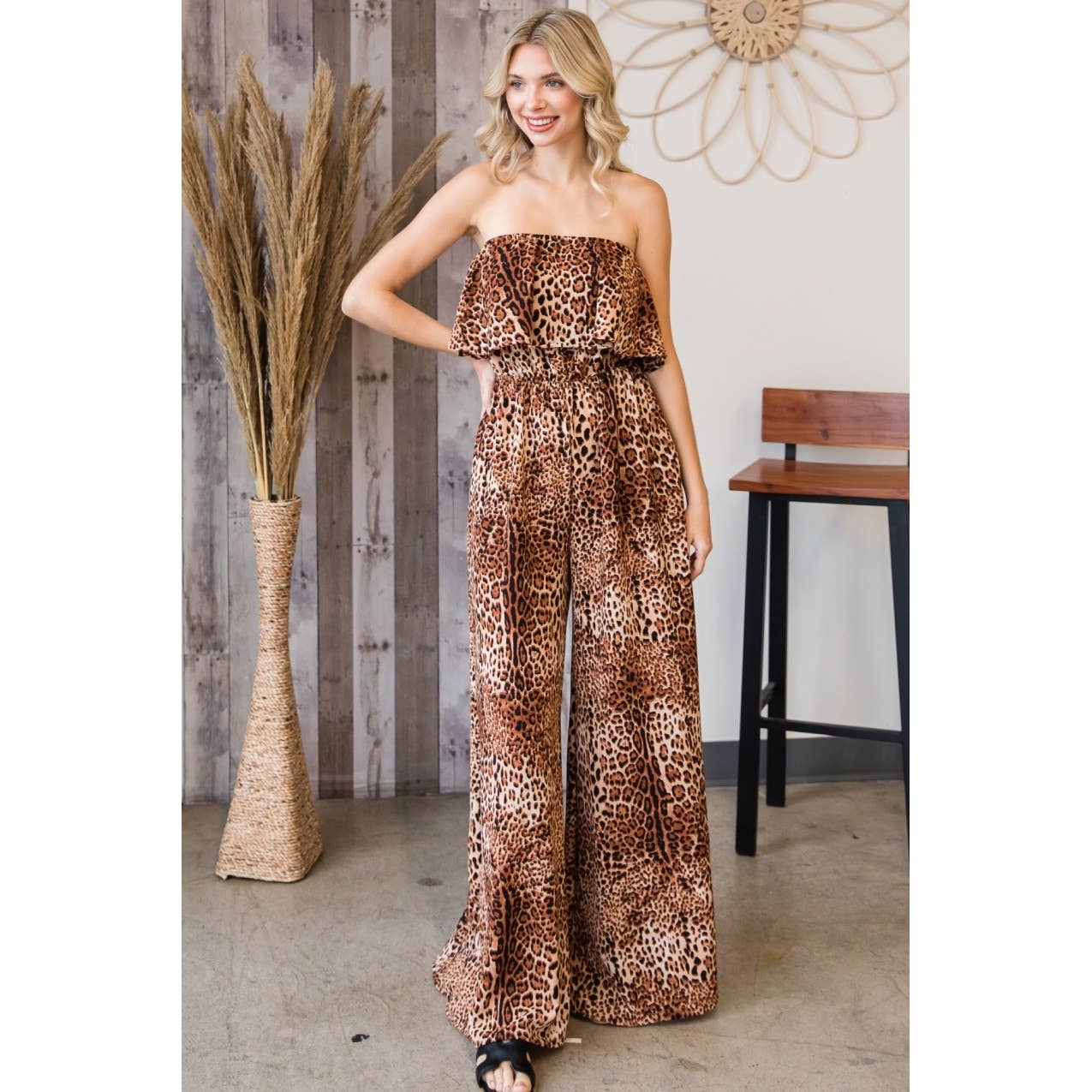 Taupe P70995 - Leopard Off Shoulder Ruffled Jumpsuit for wholesale on Faire2