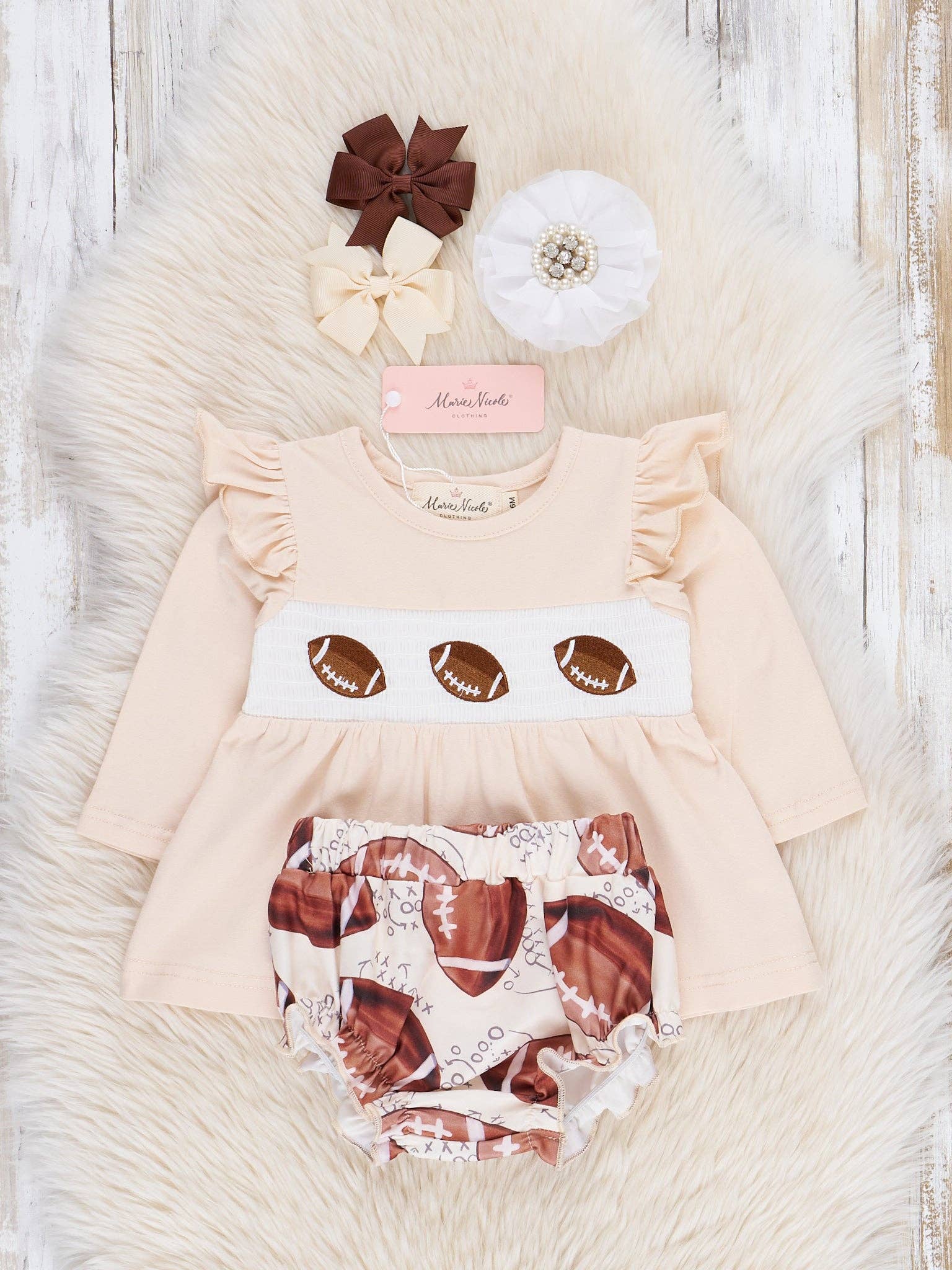 Marie Nicole Clothing - Wholesale Clothing Set - Baby - Tan Football Time Smocked Bloomers Outfit1