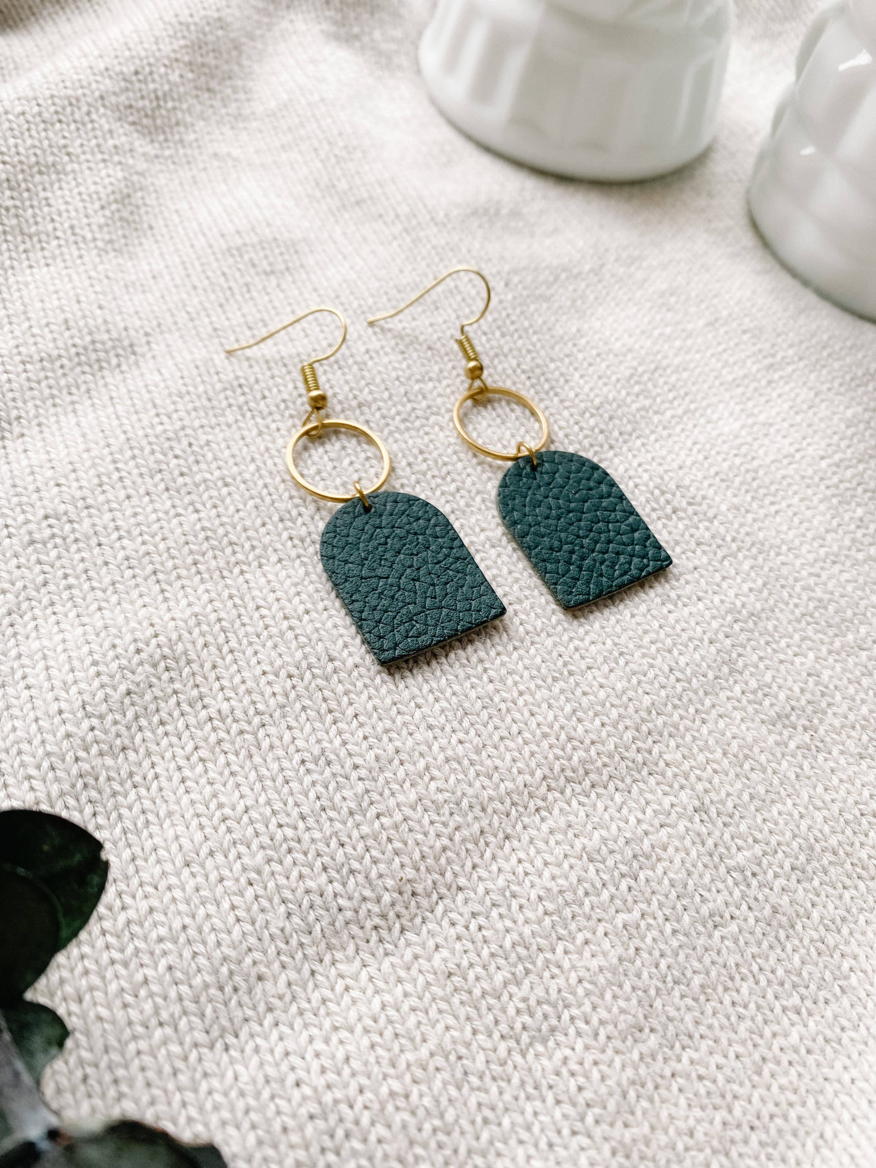 Whitebirch Handmade Goods - Wholesale Dangle Earrings - Dark Green Leather with Brass Circle Earrings0