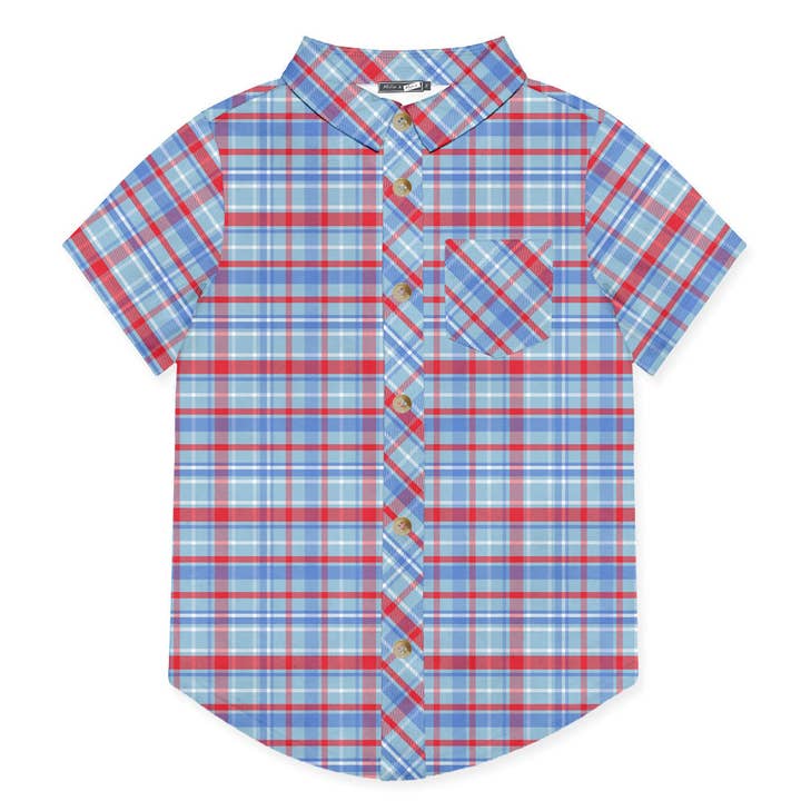 Kids Blue & Red Plaid Short-Sleeve Button-Up for wholesale by Millie Loves Lily