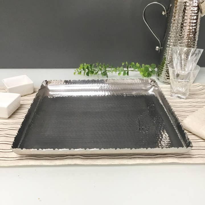 India Handicrafts Inc - Wholesale Platter - Silver Hammered Square Platter - Elegant Home Serverware3