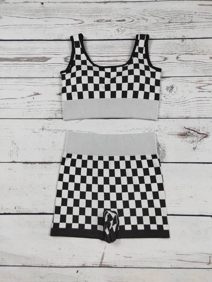 Black Gingham Women Seamless Bra Shorts Active Set for wholesale by sassy kids palace