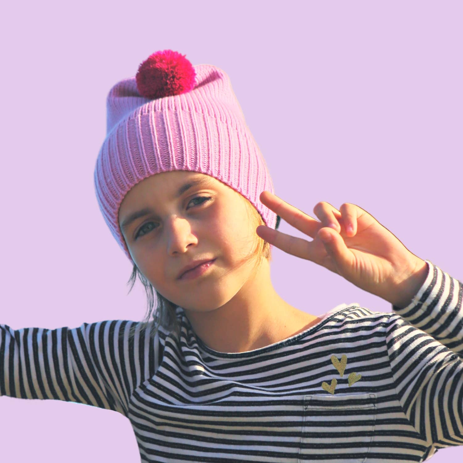 Tundem - Wholesale Beanie - Kids - Children's winter cap, 100% merino with Pom Pom, pink5
