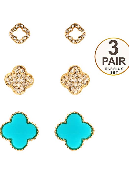 ( H170 ) MOP CRYSTAL QUATREFOIL 3 PAIR EARRING SET for wholesale by Jewelry Max