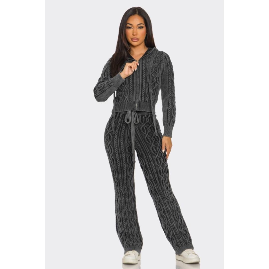 LOVE SENSE - Wholesale Lounge Set - Women's - Mineral Wash Pants Set Cable Knit Pure Cotton1