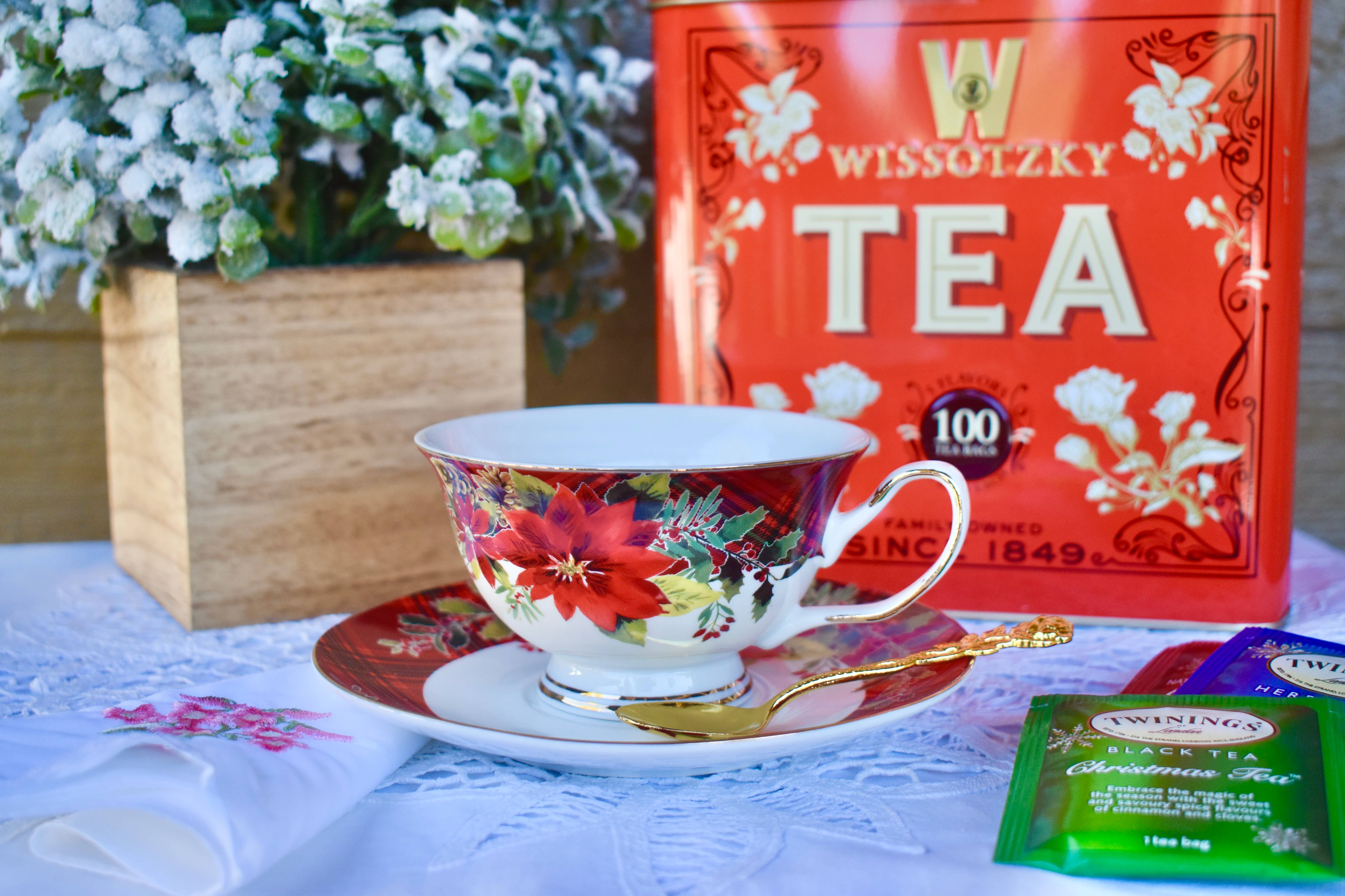 All Little Cute Things - Wholesale Tea Set - Christmas Holiday Red Poinsettia Plaid Ribbon Teacup Saucer3