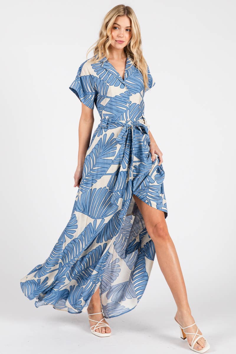 B I G H I T Fashion - Wholesale Dress - Women's - Palm Print Short Sleeve Button-Down Maxi Dress HD3020-BLUE7