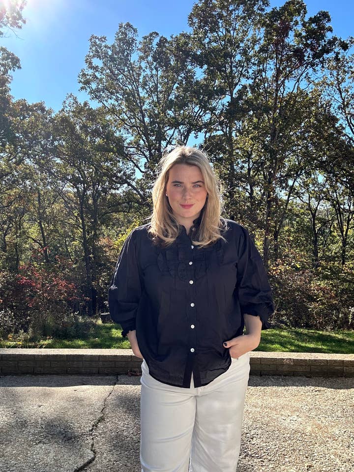 Black Ruffle Bib Blouse With 3/4 Sleeves - Button Down for wholesale by Rena Lina