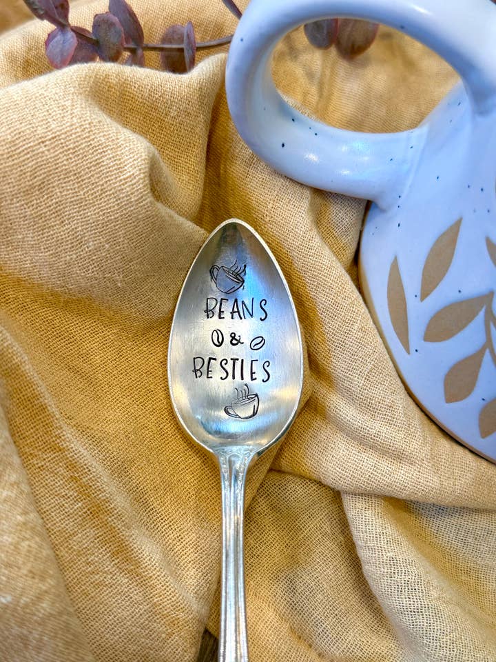 Coffee spoon, stamped silver spoon, Beans & besties, friend for wholesale by The WildSmith