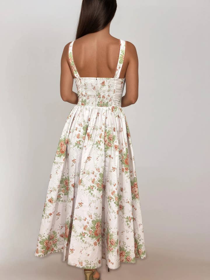 Timeless London - Wholesale Dress - Women's - Bryson Pink Printed Sweetheart Neck Corset Midi Swing Dress3