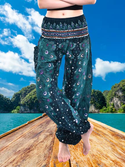 Bohotusk White Peacock Print Elasticated Smocked Waist Womens Harem Pants S/M for wholesale by Bohotusk