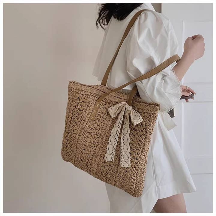 Funkyrel® Atzbranding Limited - Wholesale Beach Bag - Cosbai - Khaki Woven Straw Beach Tote Bag4