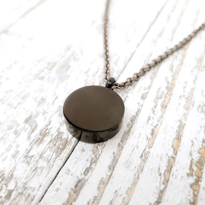 Black Stainless Steel - Custom Engraved Circle Cremation Ash Urn Pendant Necklace - Multiple Chain Lengths - Personalized Bereavement Gift for wholesale by Just Vial
