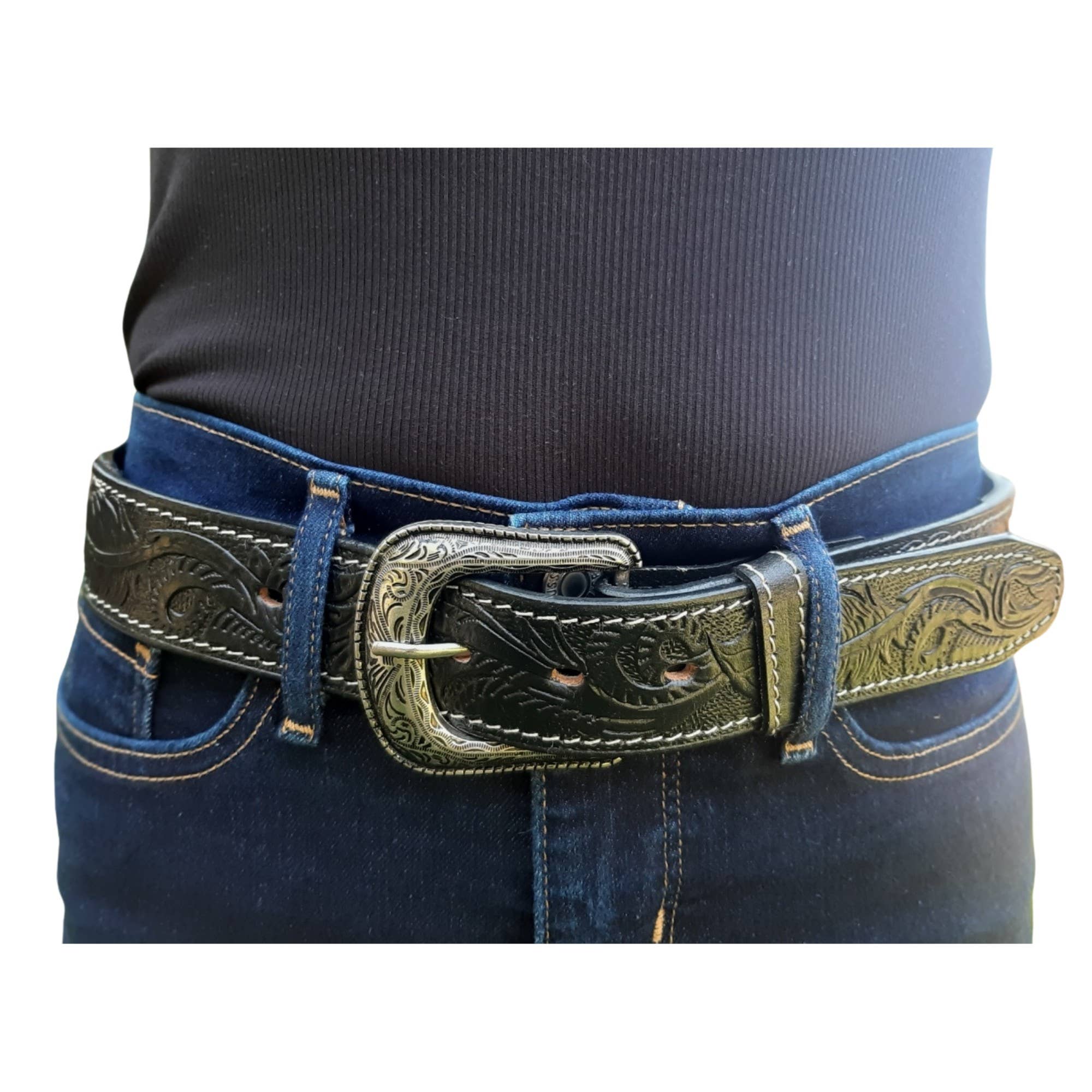 Baja Leather - Venta al por mayor Cinturón - Unisex - Cinturón de Cuero Occidental Tallado - Azteca - Cuero Negro1