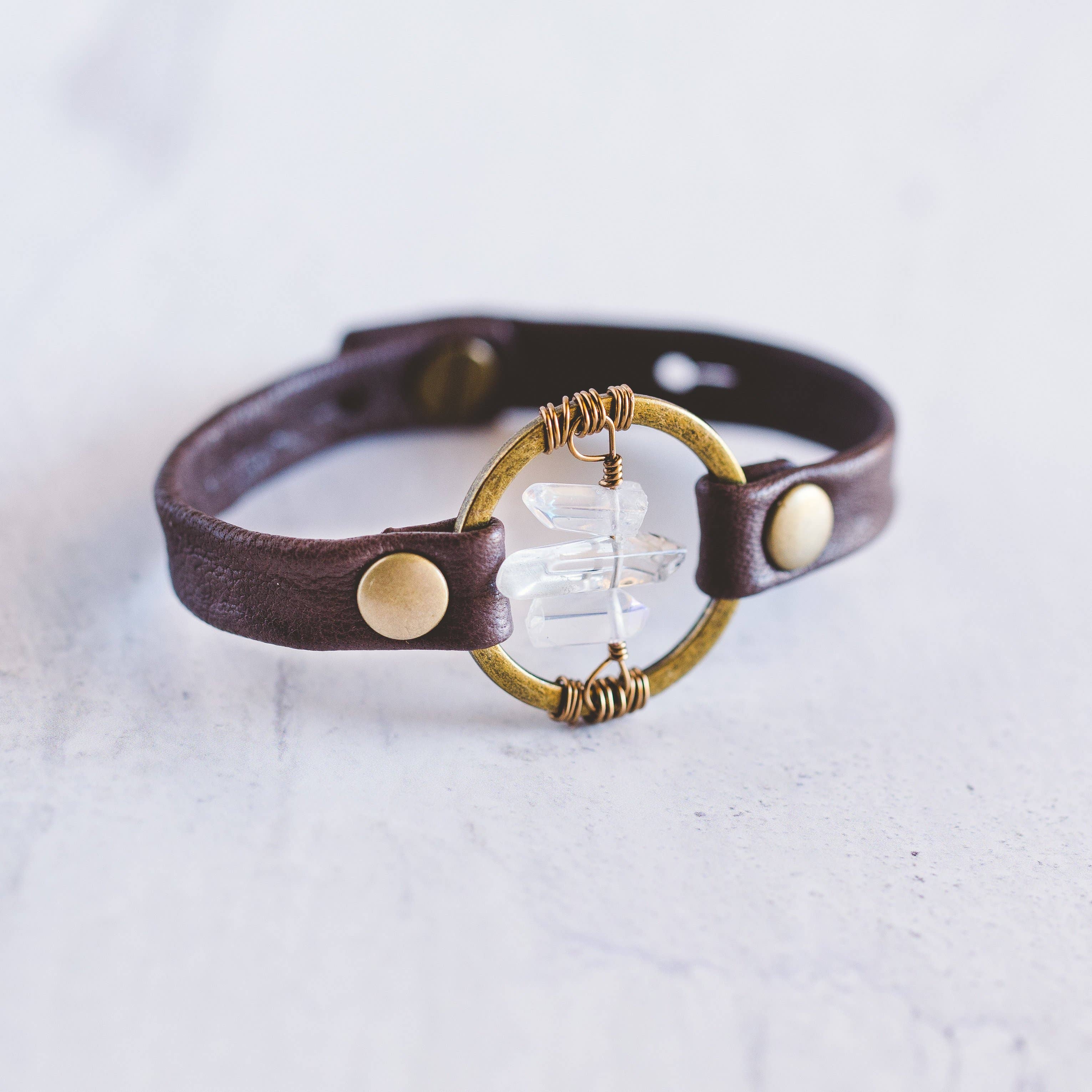 Giving Bracelets - Wholesale Bangle Bracelet - Be the Light Leather Bracelet-Antique Brass-Quartz Crystal2