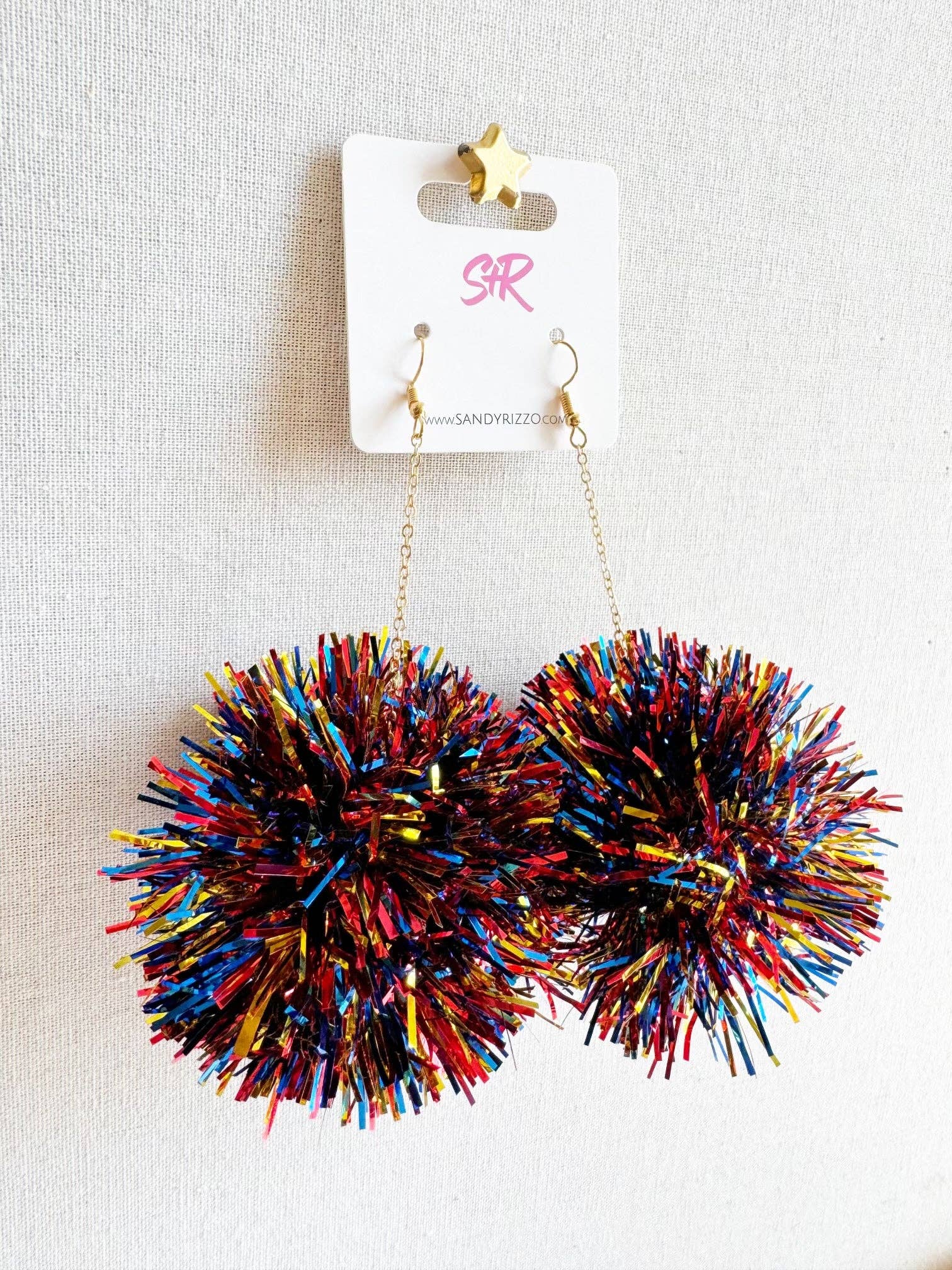 Sandy + Rizzo - Wholesale Dangle Earrings - Red, Gold, and Blue Tinsel Pom Dangles2