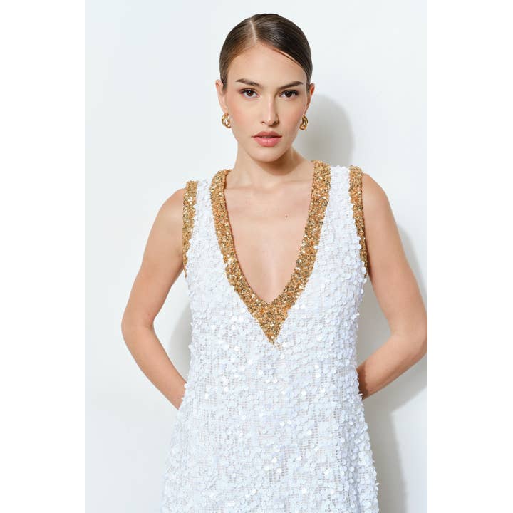 INA - Wholesale Dress – Women's - Luxe Sequins Two Tone Trim Deep V-Neck Mini Dress19