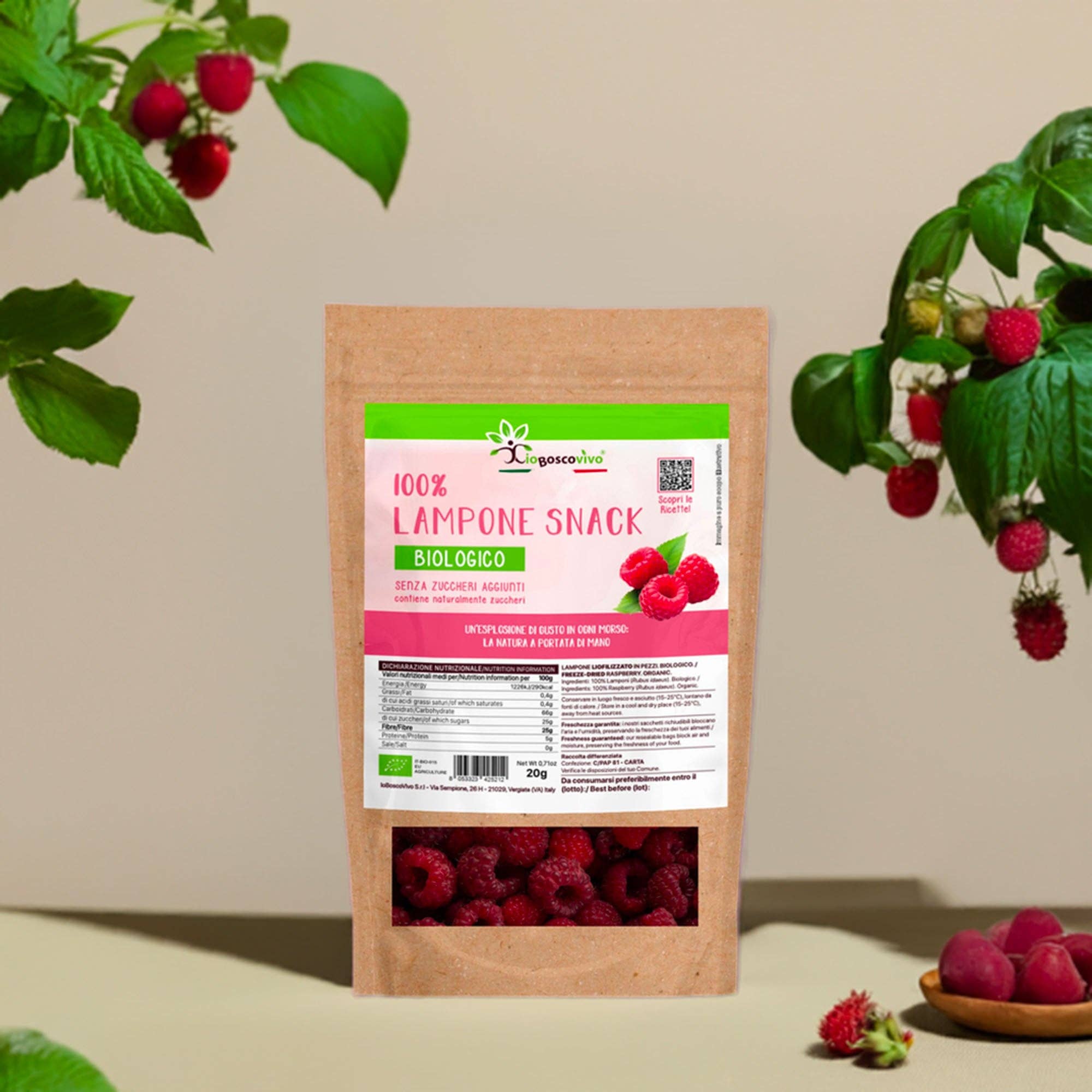 IoBoscoVivo – Engroshandel Tørret/dehydreret frugt – 100 % hindbær hele frysetørrede økologiske snack – 20 g2