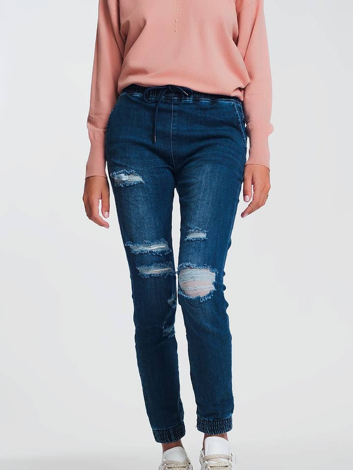 Lightweight jogger jeans in dark denim for wholesale by Q2—All Orders:Free Duties for the US,UK,and Canada