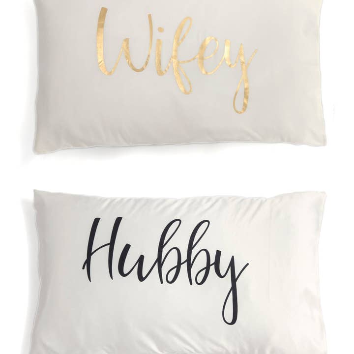 SET OF 2 "HUBBY/WIFEY" STANDARD PILLOW CASES, IVORY for wholesale by Shiraleah