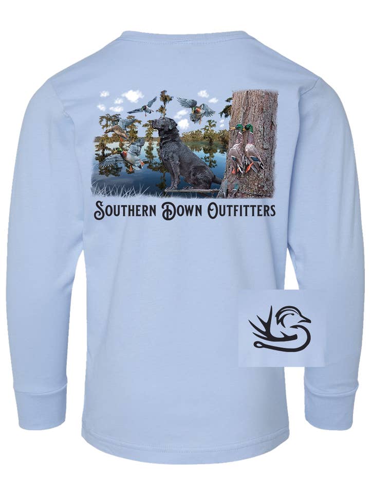 Black Lab Swamp Long Sleeve Youth Tee for wholesale by Southern Down Outfitters
