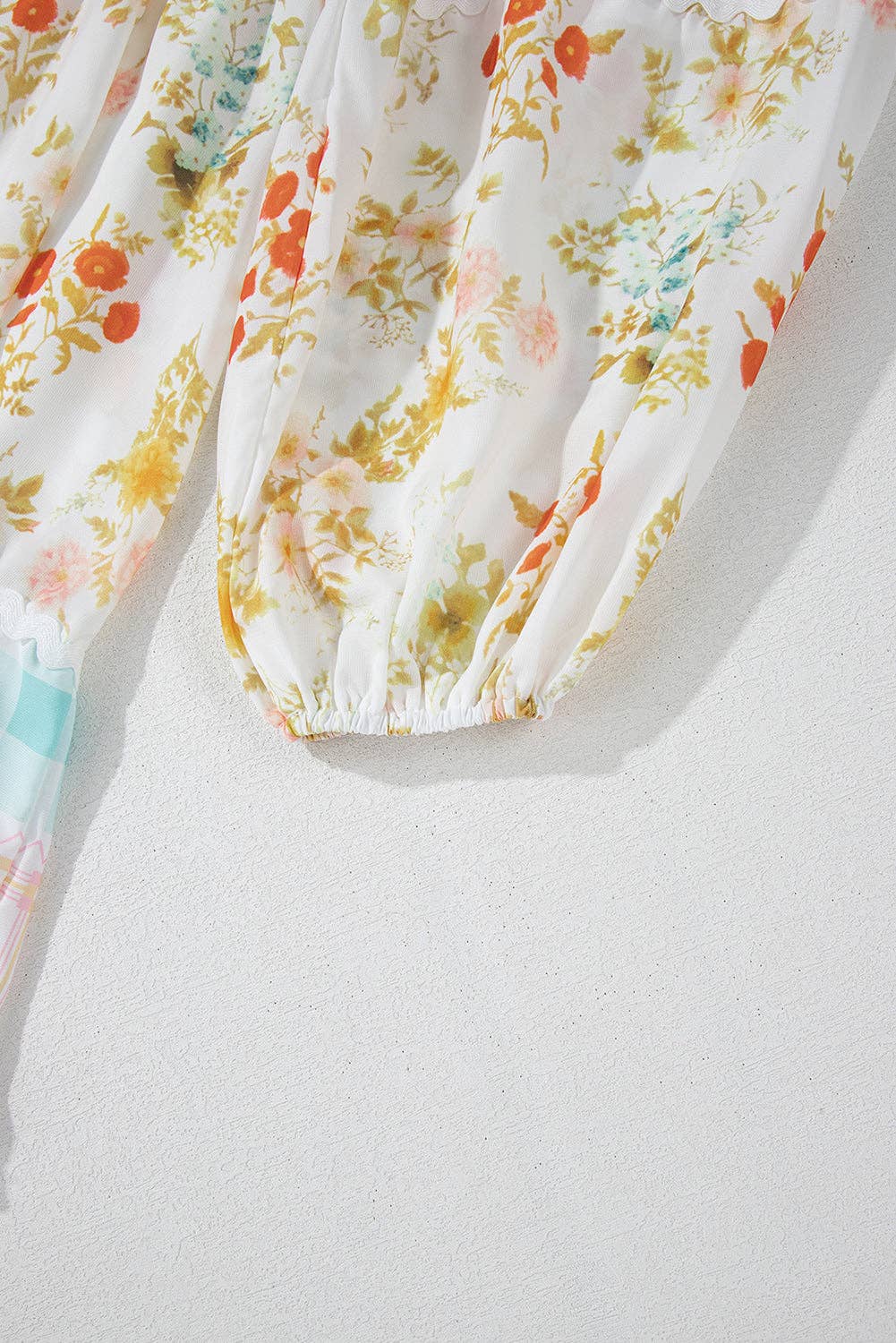 Pink Ric Rac Plaid Floral Print Patchwork Bubble Sleeve Dress for wholesale on Faire4