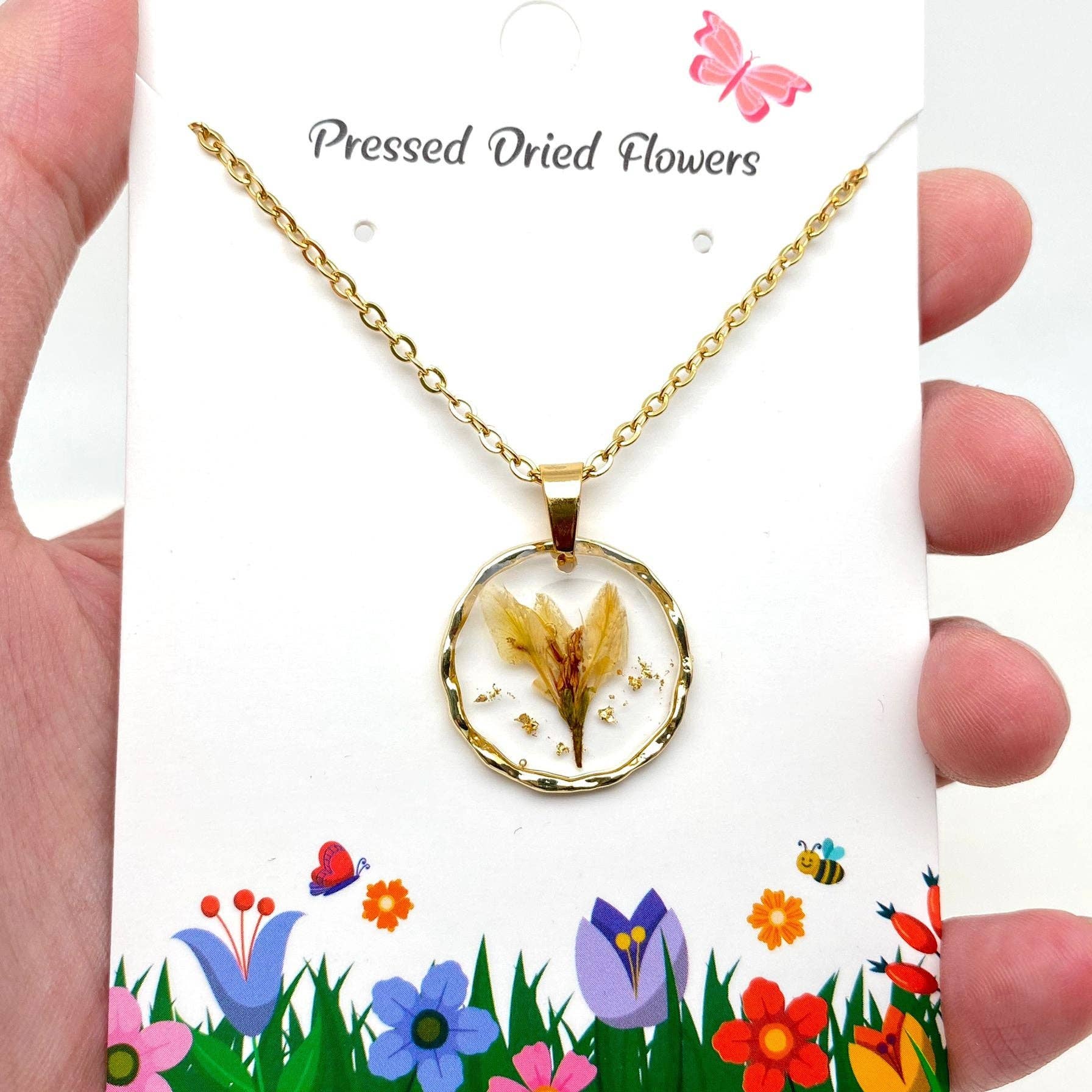 Mio Queena - Wholesale Pendant/Charm Necklace - Dried Flowers Floral Irregular Round Pendant Necklace - PDF1