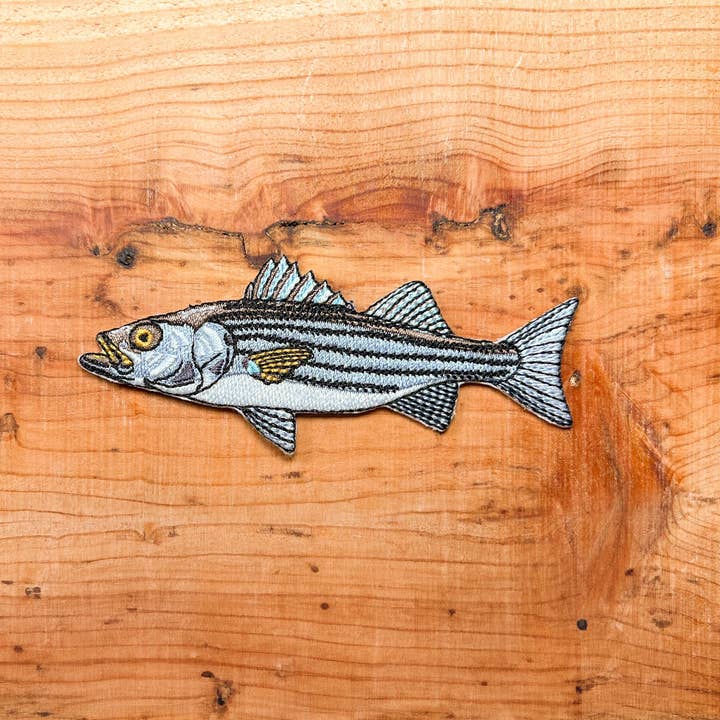 Striped Bass Embroidered Patch | 4 Inch Iron On Fishing Patch for Hats, Jackets & Gear for wholesale by Antler & Fin