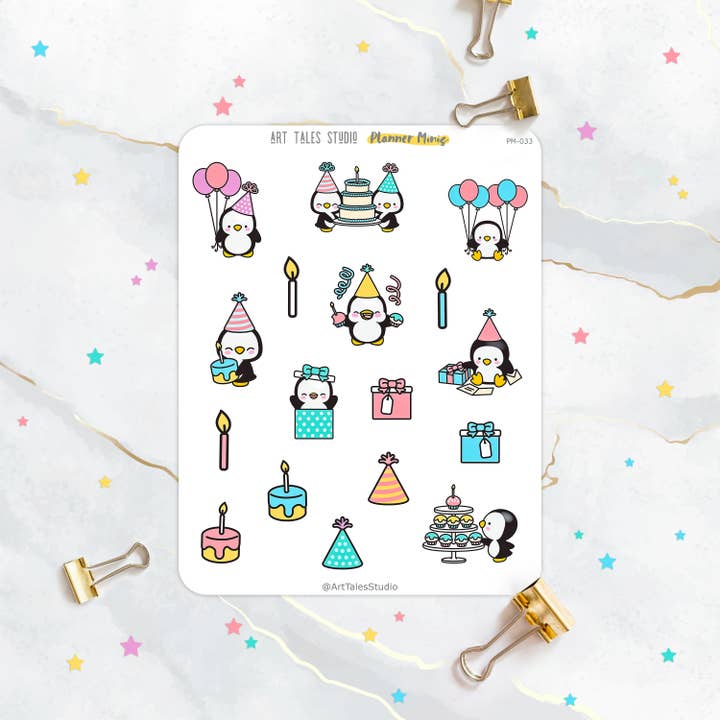 Birthday Sticker Sheet, Party Stickers, Penguin , Planner Stickers, Celebration Stickers, Stationary, Bujo, Journal Sticker, Scrapbook, Cake for wholesale by Art Tales Studio