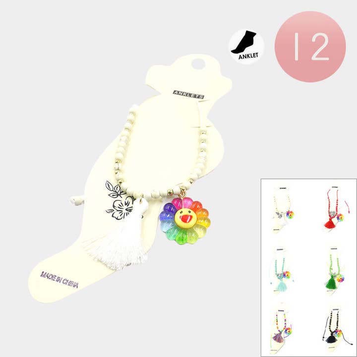Sensibling Corp. - Wholesale Anklet - 12PCS - Smile Flower Tassel Charm Beaded Adjustable Anklets