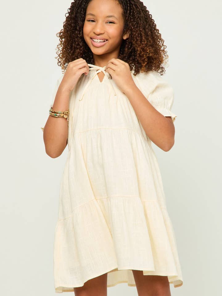 Hayden LA - Wholesale Dress - Kids - Girls V Neck Tie Detail Cinch Sleeve Dress2