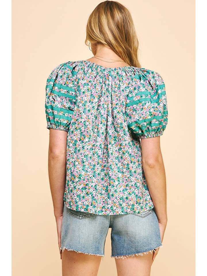 PINCH - Wholesale Blouse - Women's - FLORAL PRINT SS WOVEN TOP - GREEN BLUE