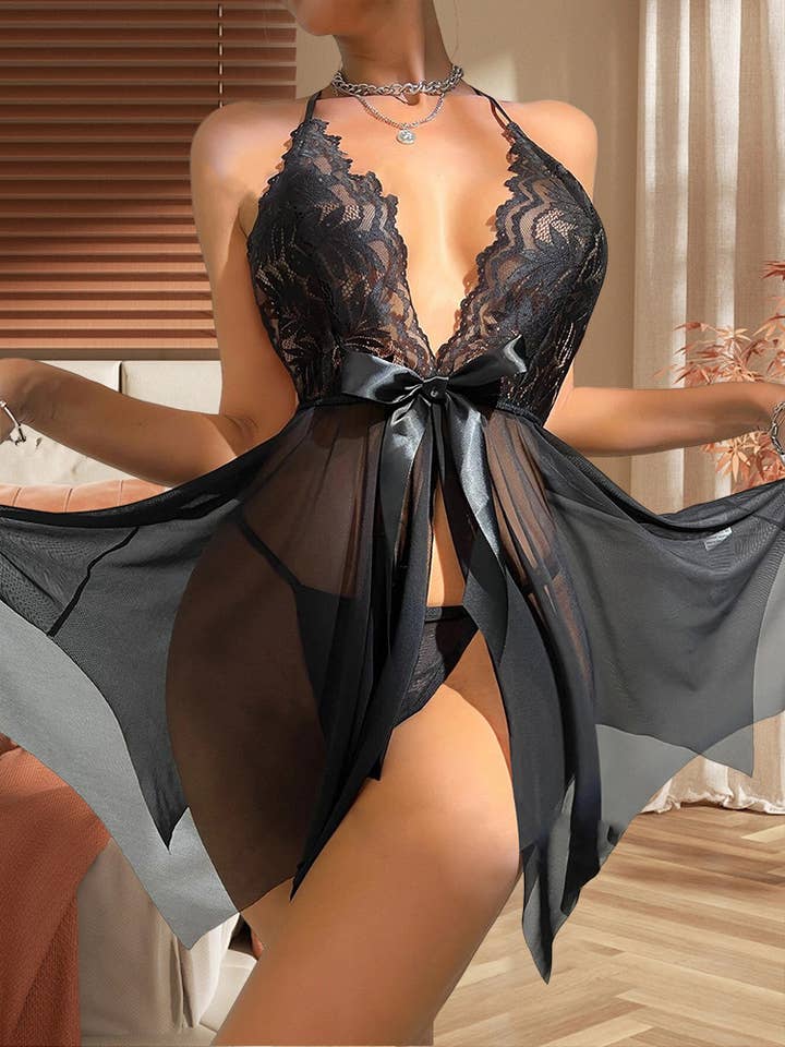 We-vibe - Wholesale Lingerie Set - Women's - Bow Style Hanging Neck Mesh Sheer Nightgown Sexy Set