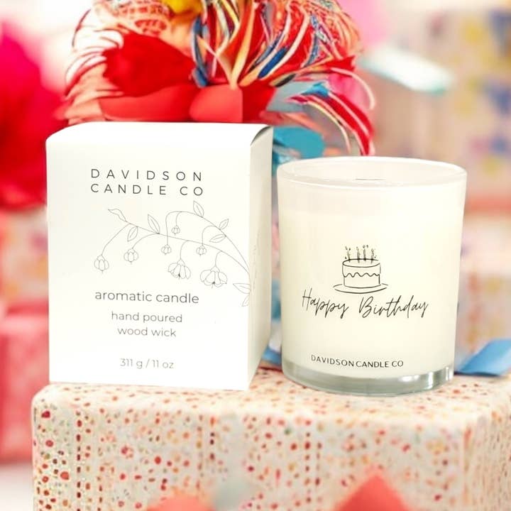Happy Birthday 11 oz glass jar candle in box / case of 6 for wholesale by Davidson Candle Company LLC