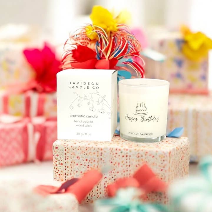 Happy Birthday 11 oz glass jar candle in box / case of 6 for wholesale by Davidson Candle Company LLC