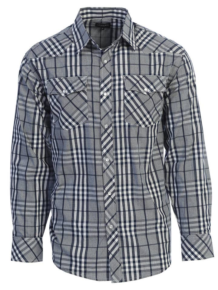 b-one inc - Wholesale Button Down Shirt - Men's - Men's Pearl Snap Button Down Plaid Long Sleeve Western Shirt