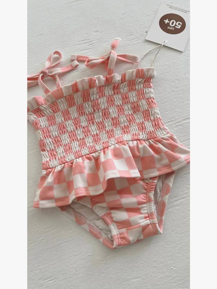 SIIX Collection - Wholesale One Piece Swimsuit - Kids - Strawberry Shortcake Checkerboard / Soleil Swimsuit / UPF 50