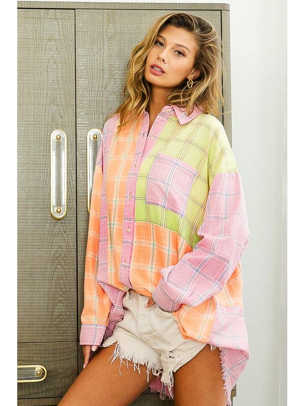 PINK PEACH LIME Bleach Washed Check Plaid Shirt for wholesale on Faire