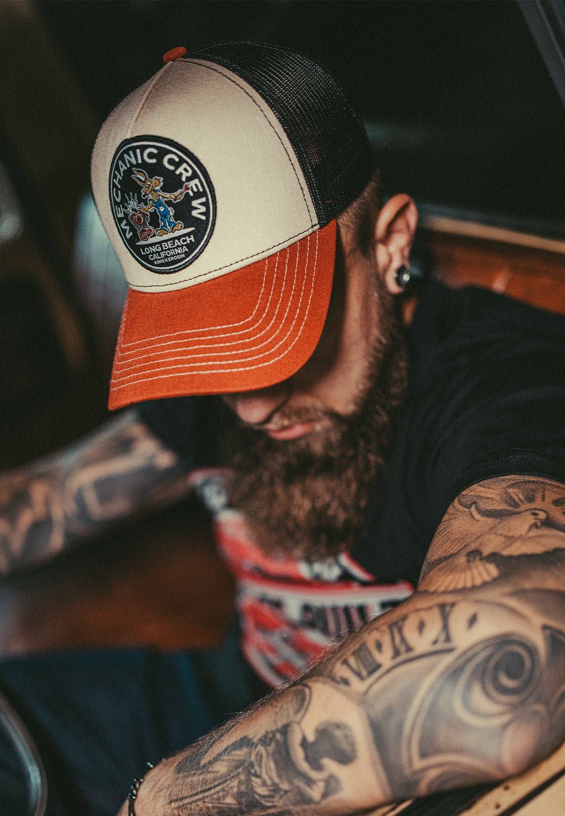 beige Trucker Cap "Mechanic Crew" for wholesale on Faire