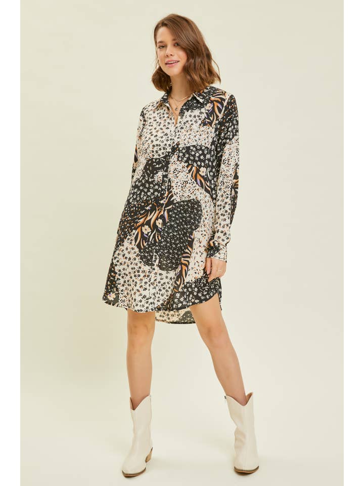 BLACK MULTI ED5271-1 BUTTON DOWN SHIRT DRESS WITH POCKETS for wholesale on Faire