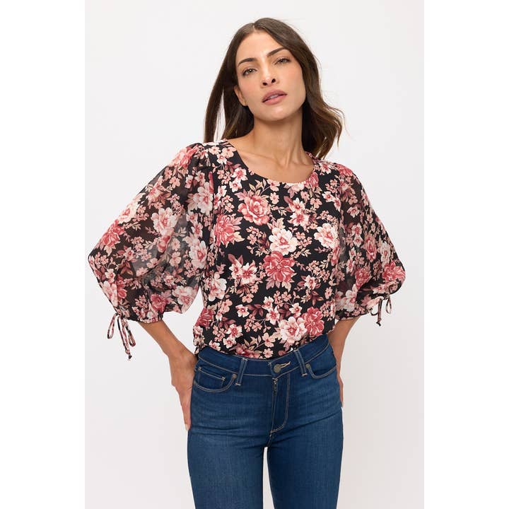 T-SHIRT MODE À MANCHES BALLON AVEC IMPRIMÉ FLORAL ET ENCOLURE DÉGAGÉE AVEC LIEN pour la vente par Perseption