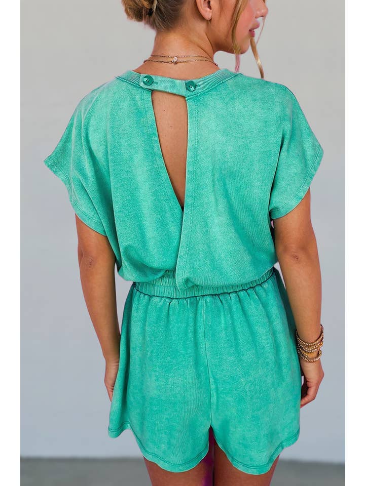 As shown Mineral Wash Drawstring Waist Hollow Out Back Romper | S-XL for wholesale on Faire